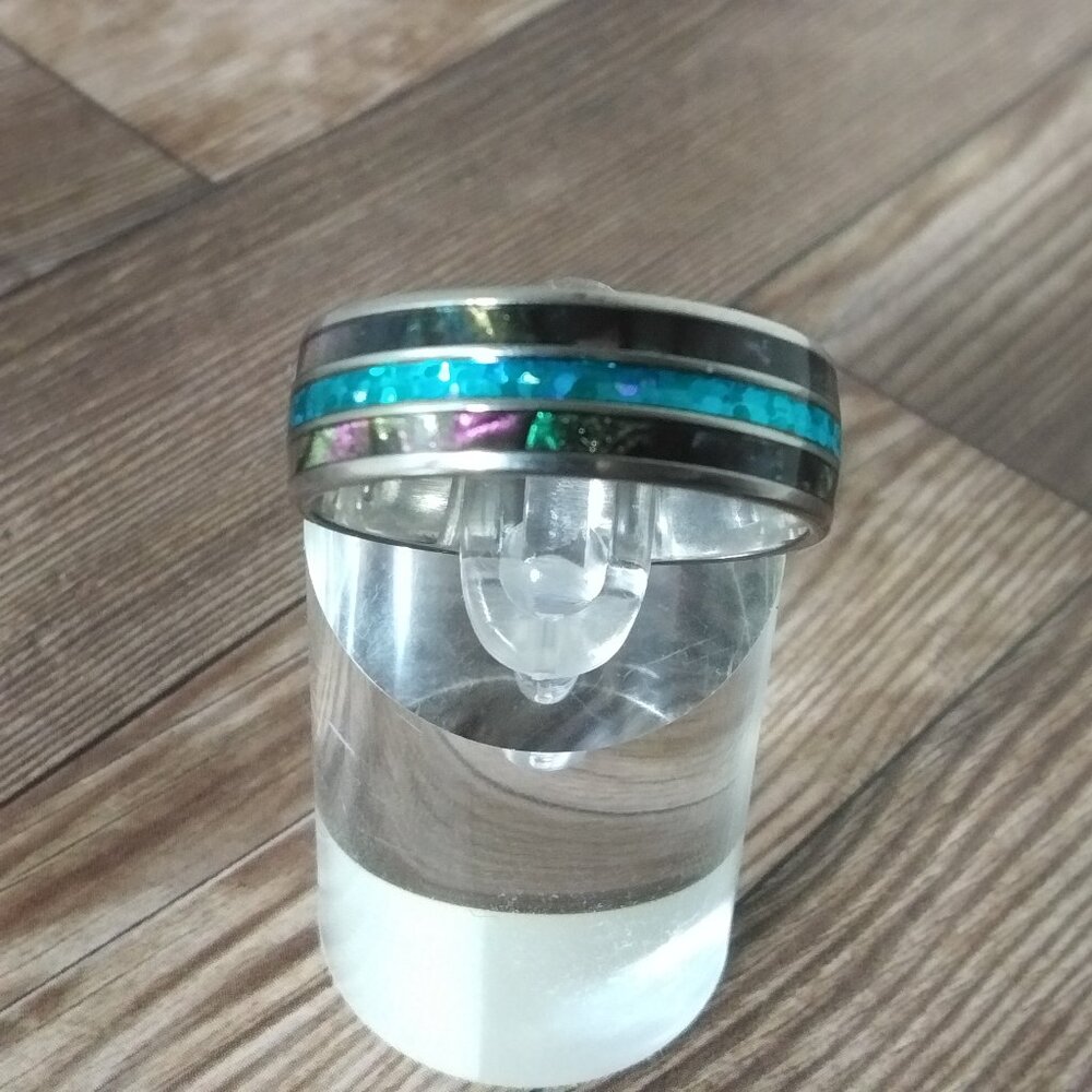 Sizes, 10,11. 12. 8 MM Silver Stainless Steel Band-Teal Inlay